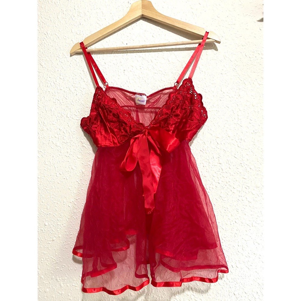 Vtg Fredericks of Hollywood Red Sheer Mesh Babydoll Lingerie Chemise romantic L
